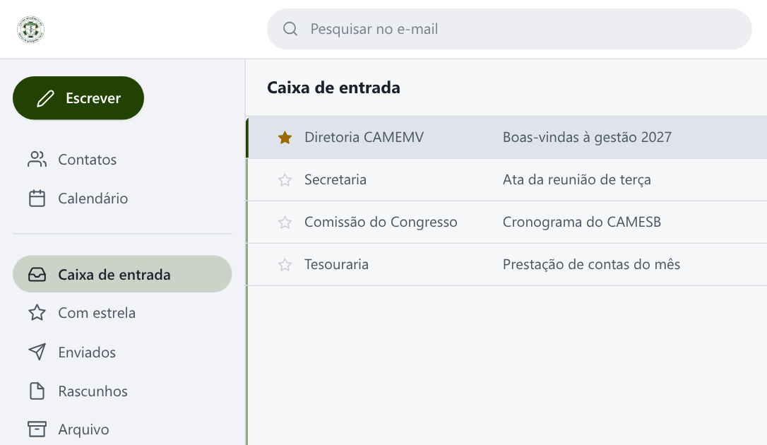 Tela do webmail: Caixa de entrada, Mensagem não lida, Escrever, Pesquisar