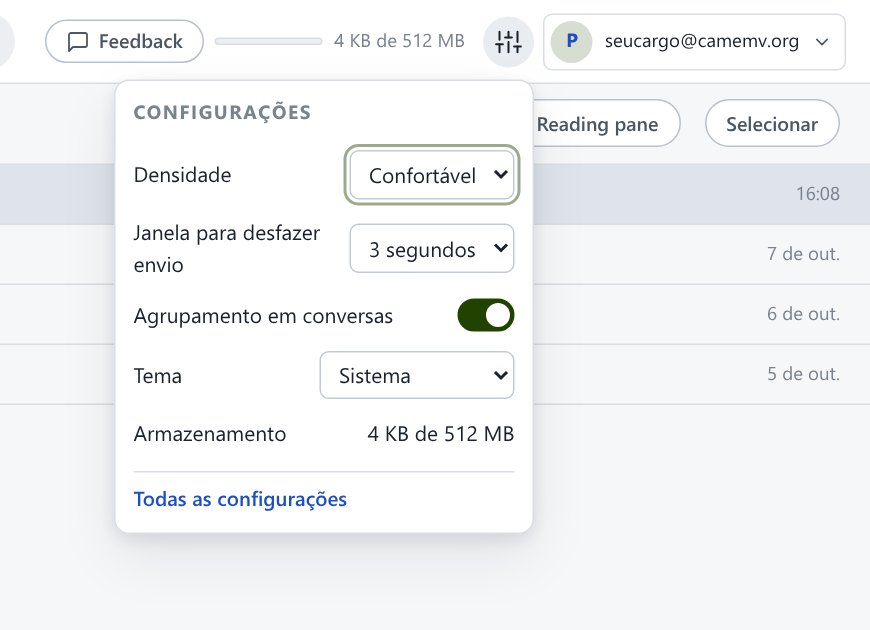 Tela do webmail: Configurações, Todas as configurações