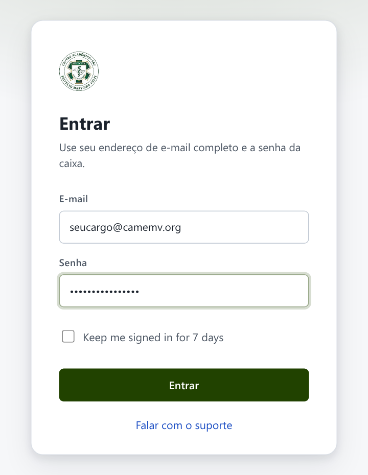 Tela do webmail: E-mail, Senha, Entrar