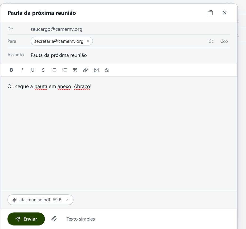 Tela do webmail: Para, Assunto, Anexar (clipe), Enviar