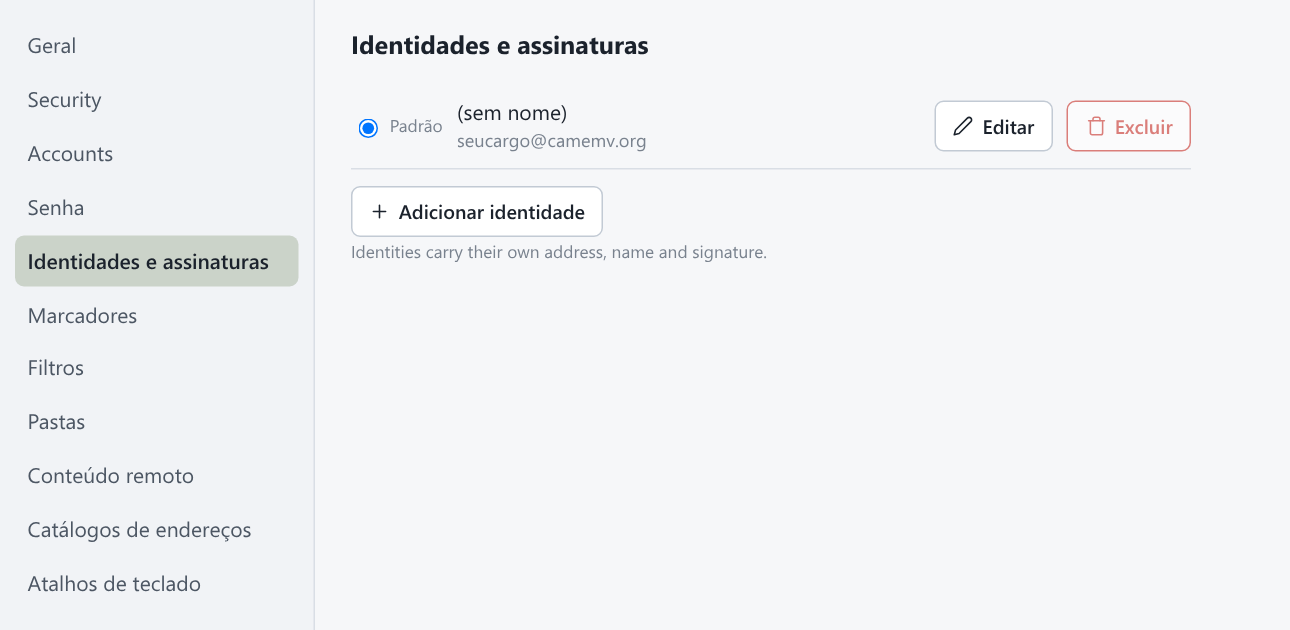 Tela do webmail: Identidades e assinaturas, Editar