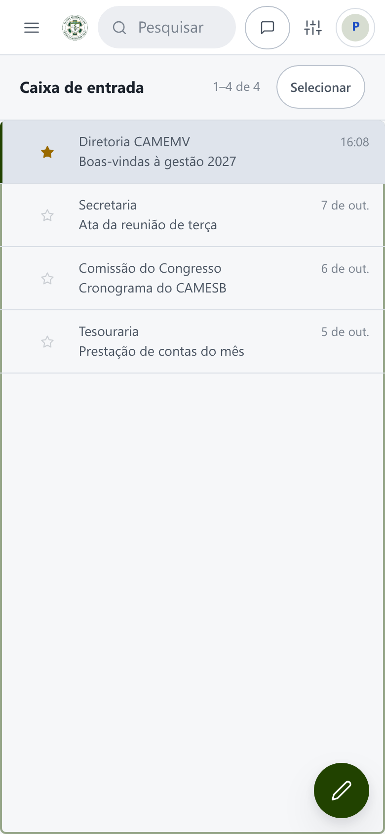 Tela do webmail: Menu (pastas), Pesquisar, Toque para ler, Escrever