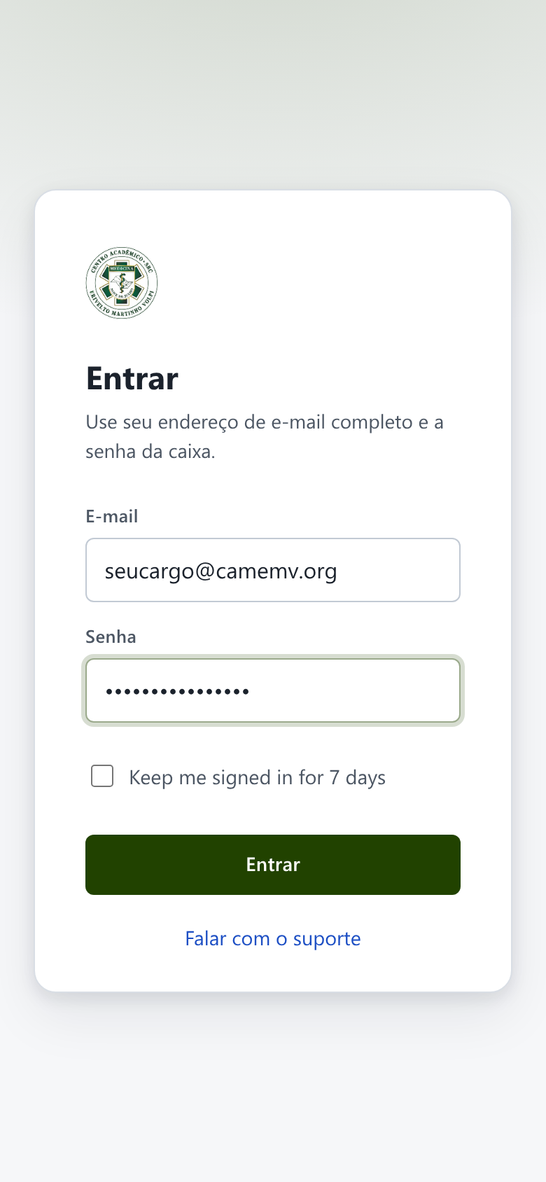 Tela do webmail: E-mail, Senha, Entrar