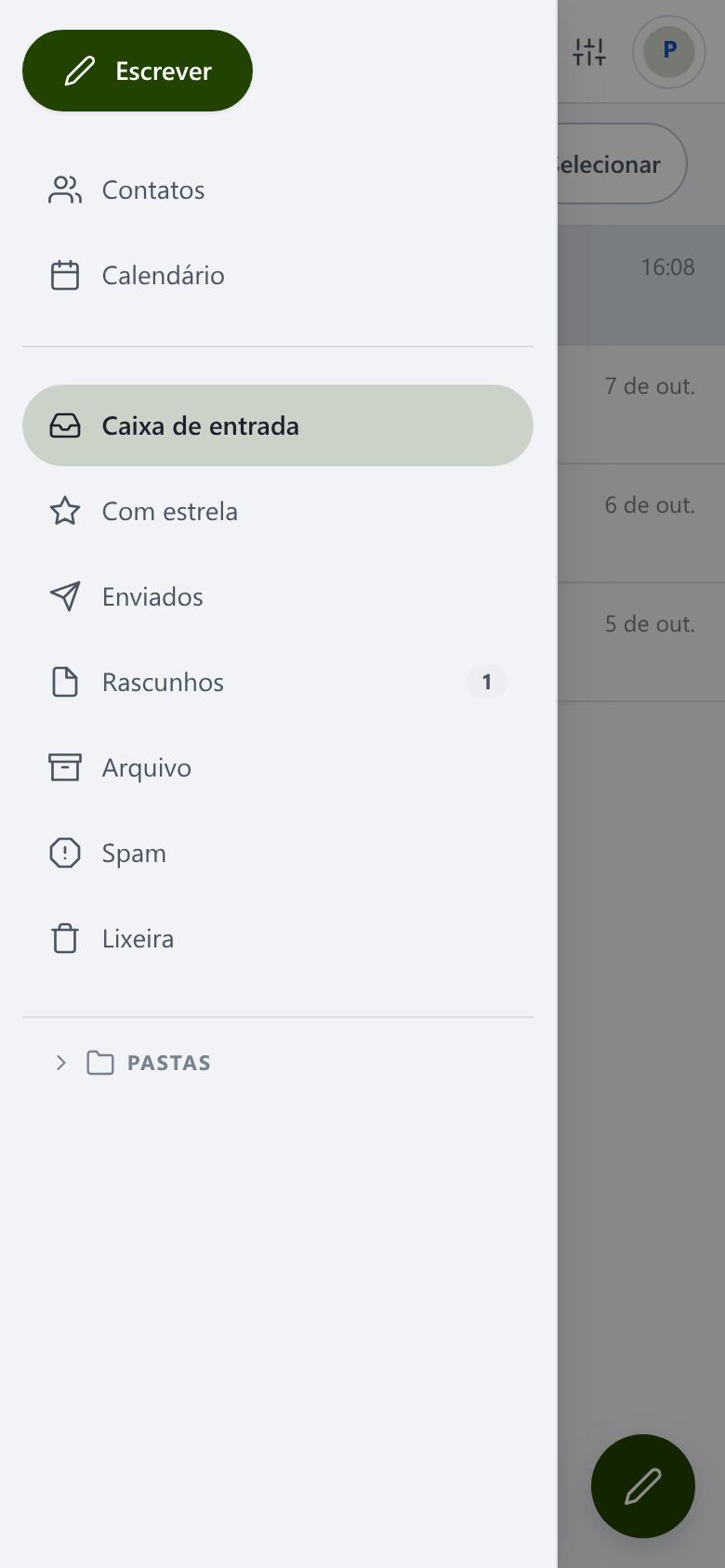 Tela do webmail: Caixa de entrada, Enviados, Lixeira